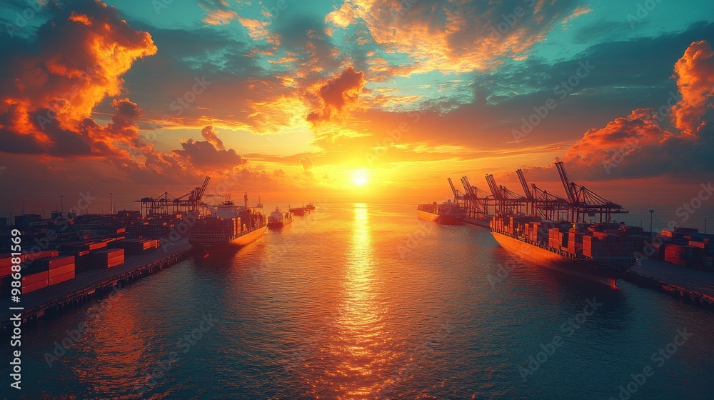 Cargo Ships at Sunset in a Busy Harbor Cargo Ships at Sunset in a Busy Harbor