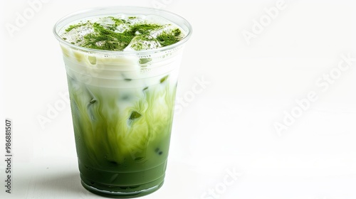 A green drink in a plastic cup sits on a wooden table