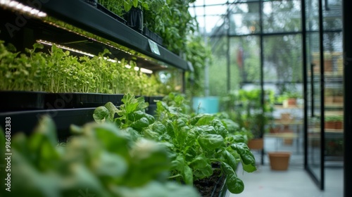 Green aquaponics setup in a modern greenhouse.