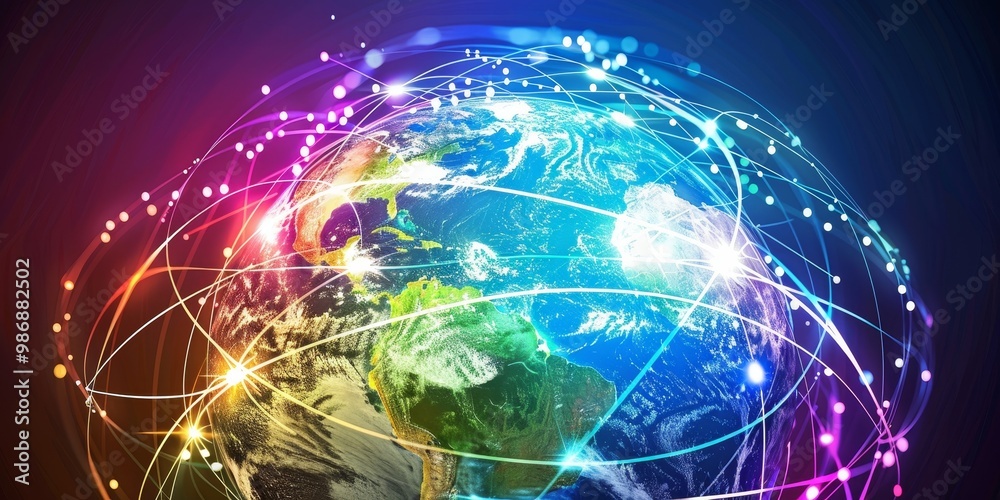 Illustration of a globe encircled by vibrant communication lines, depicting the global network of data exchange and the interconnectedness of modern technology