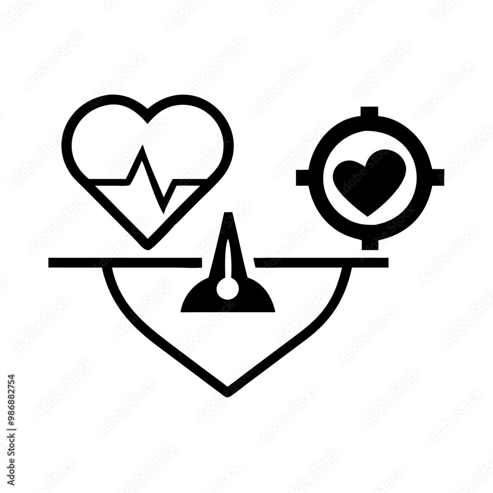 Heart with heartbeat and target icon for love, health, balance, black and white, vector design Heart with heartbeat and target icon for love, health, balance, black and white, vector design