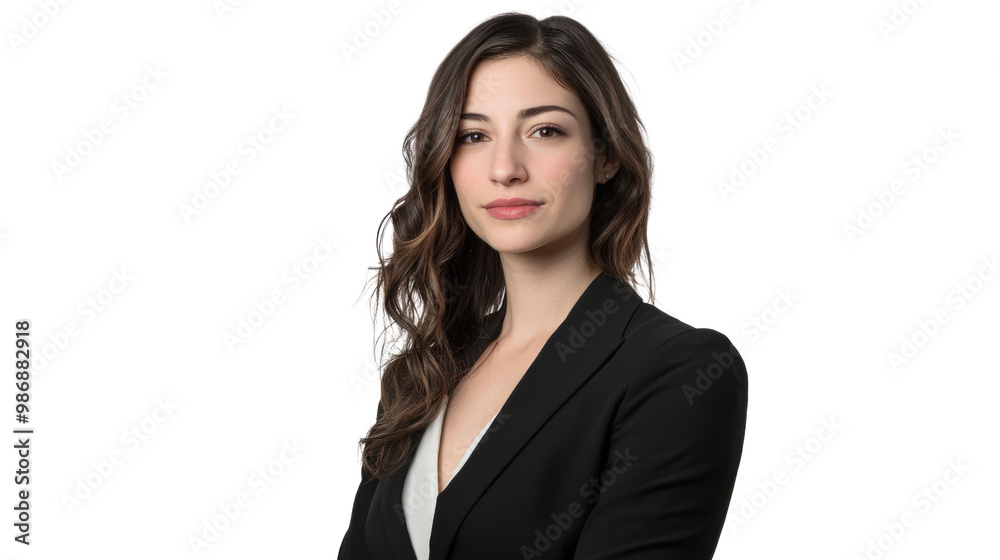 A woman in a black suit and white shirt poses for a photo. isolated on transparent background, PNG file A woman in a black suit and white shirt poses for a photo. isolated on transparent background, PNG file