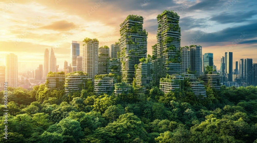 Obraz premium Green city with modern architecture blending into the landscape,
