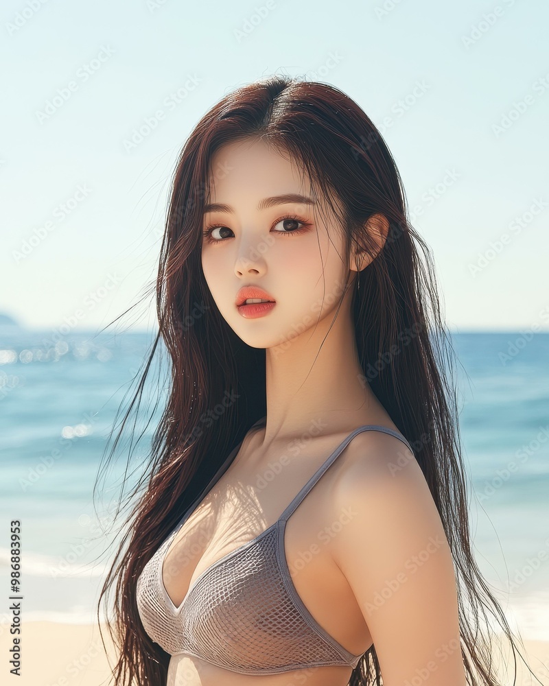 A lovely woman at the beach wears a grey mesh top, exuding a dreamy, romantic vibe with a soft smile and serene pose. A lovely woman at the beach wears a grey mesh top, exuding a dreamy, romantic vibe with a soft smile and serene pose.