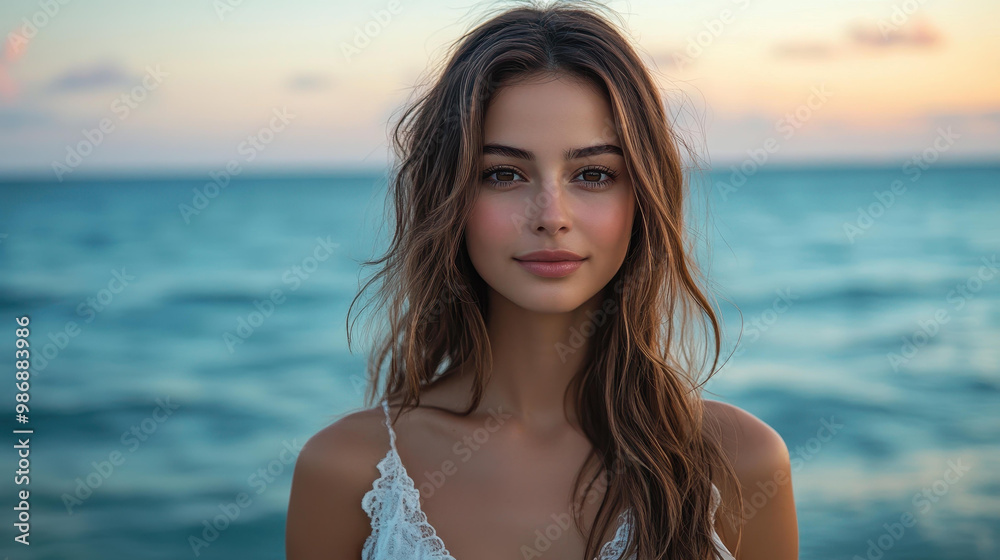 A stunning lady with flowing brown hair graces the shore in a delicate white dress, the sea shimmering in the twilight. A stunning lady with flowing brown hair graces the shore in a delicate white dress, the sea shimmering in the twilight.