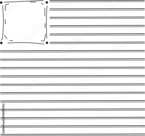 A lined sheet or form with an additional square frame in the upper corner of the document.