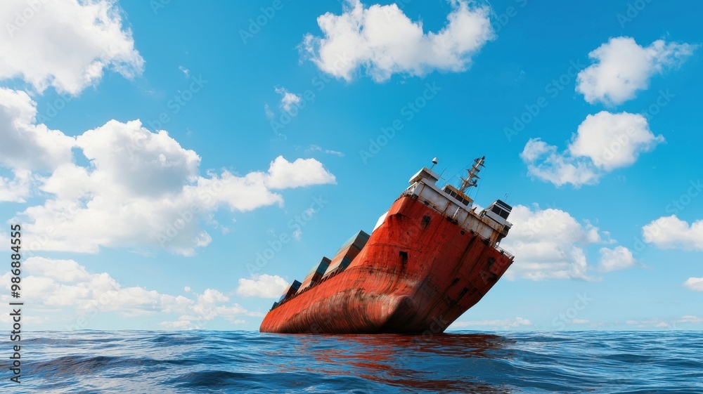 A sinking ship on the ocean, set against a blue sky with fluffy clouds. A sinking ship on the ocean, set against a blue sky with fluffy clouds.