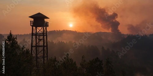 A lookout tower at sunset with a smoke plume rising above the forest, depicting an ominous yet beautiful scene.