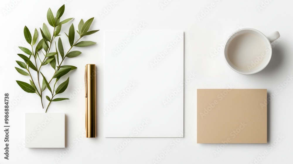 Minimalist Workspace with Leaves and Stationery Items Minimalist Workspace with Leaves and Stationery Items