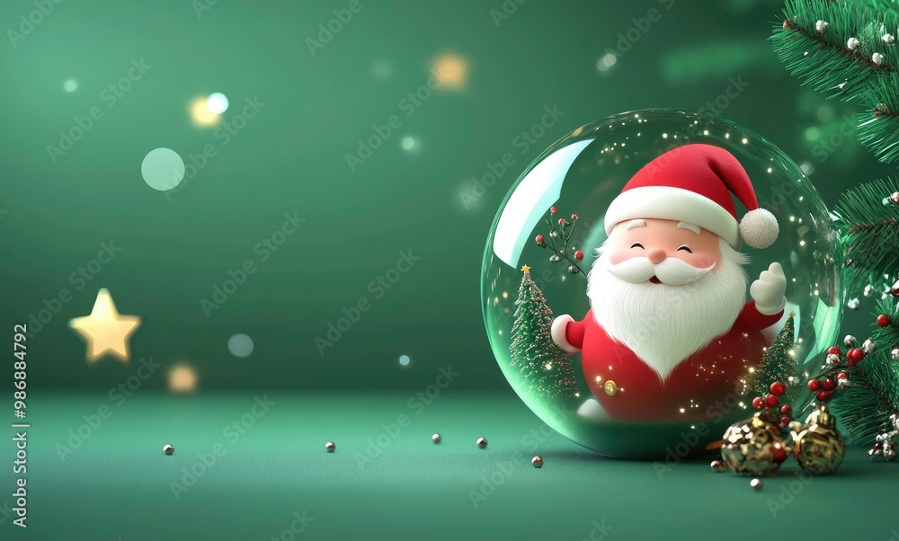 Fototapeta premium 3d Christmas glass ball greeting background with Santa. 3D cartoon, a cute Santa Claus in a glass ball on a green background with copy space. Christmas tree branch and stars
