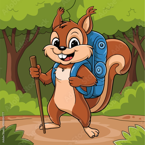 Cheerful squirrel hiker with backpack in the forest.