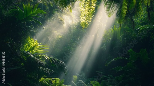 Native Hawaiian wildlife in a dense jungle with rays of sunlight filtering through photo