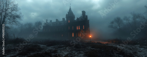 Abandoned gothic mansion shrouded in darkness, surrounded by eerie fog and trees, evokes haunting atmosphere. dim light from lantern adds to mysterious ambiance