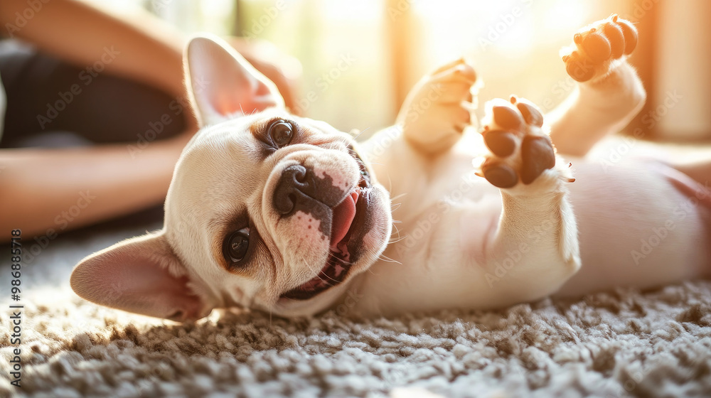 A French Bulldog puppy with a playful expression, lying belly up on a soft rug in a sunlit room, as its owner tickles its stomach, making the puppy legs kick in delight. A French Bulldog puppy with a playful expression, lying belly up on a soft rug in a sunlit room, as its owner tickles its stomach, making the puppy legs kick in delight.