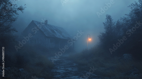 mysterious, deserted house in foggy landscape, illuminated by solitary street lamp. eerie atmosphere evokes sense of solitude and intrigue