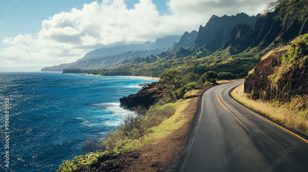 Scenic coastal road in Hawaii with the ocean on one side and mountains on the other Scenic coastal road in Hawaii with the ocean on one side and mountains on the other