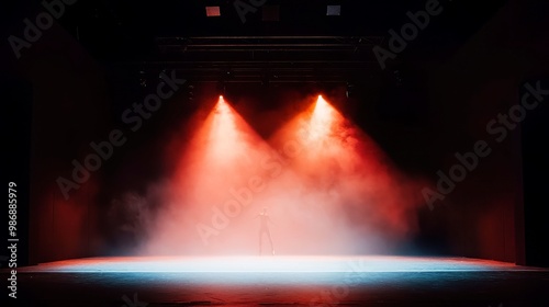 Modern Dance Stage Illumination, vibrant backdrop with spotlight on an empty stage, designed for contemporary performance, highlighting dramatic lighting for a solo dancer. photo