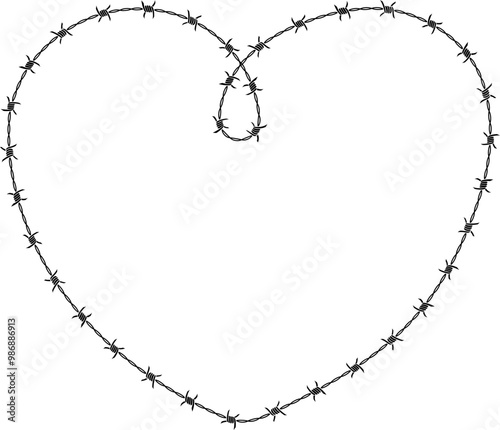 Barbed wire frame corner, coiled into heart shape.