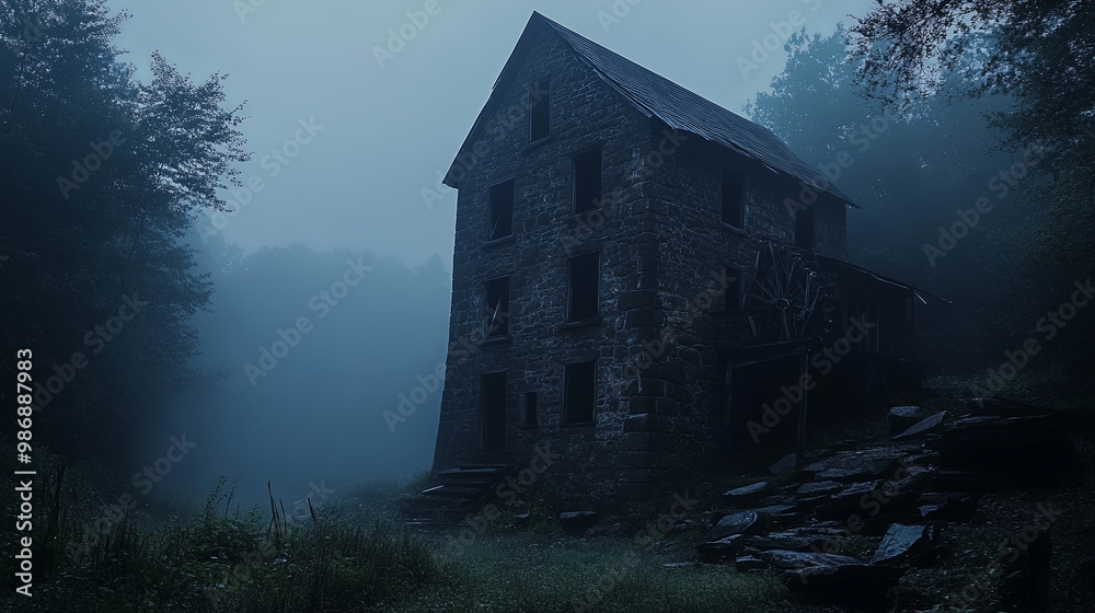 spooky abandoned mill shrouded in fog, surrounded by dense trees, creates eerie atmosphere. stone structure stands silently, evoking sense of mystery and nostalgia spooky abandoned mill shrouded in fog, surrounded by dense trees, creates eerie atmosphere. stone structure stands silently, evoking sense of mystery and nostalgia