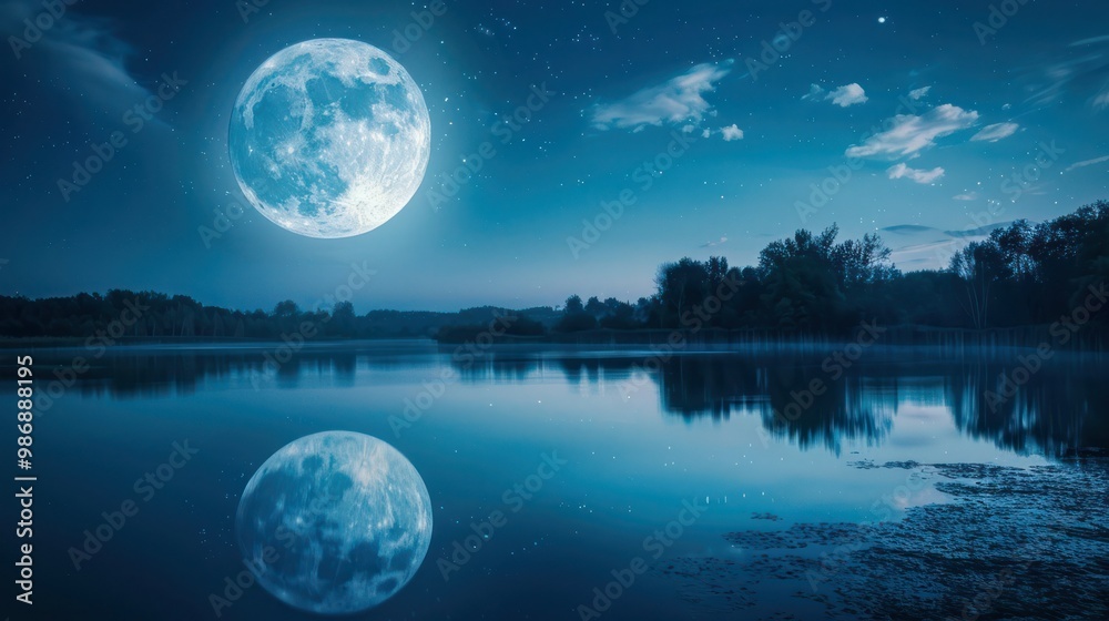 A large supermoon reflected in a calm lake, creating a magical and tranquil scene. A large supermoon reflected in a calm lake, creating a magical and tranquil scene.