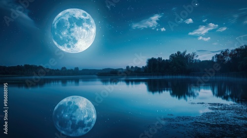 A large supermoon reflected in a calm lake, creating a magical and tranquil scene. photo