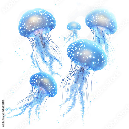A group of blue, glowing jellyfish isolated on a transparent background