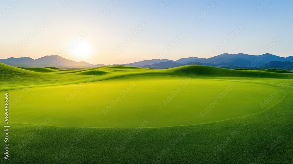 A serene golf course landscape at sunrise, featuring rolling green hills and a clear blue sky, perfect for nature enthusiasts. A serene golf course landscape at sunrise, featuring rolling green hills and a clear blue sky, perfect for nature enthusiasts.
