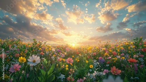 Vibrant wildflower meadow at sunset