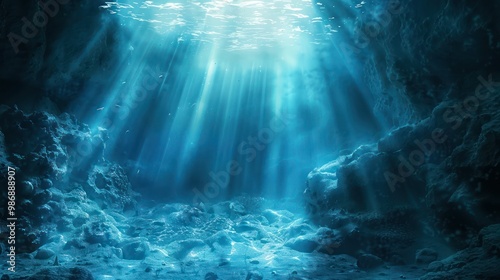 A mysterious underwater cave with shafts of light filtering through the entrance and marine life swimming around.