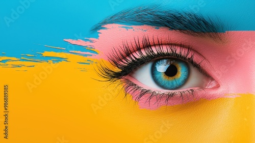 Close-up of a woman's eye with colorful abstract makeup, featuring vivid hues and artistic brush strokes.