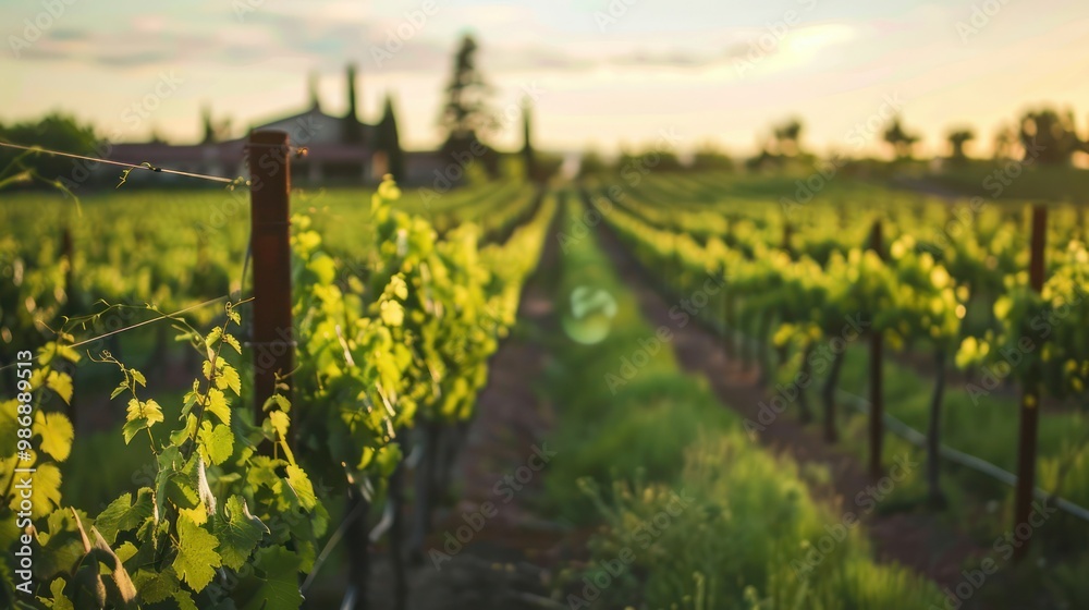 A picturesque vineyard with rows of grapevines stretching into the distance, bathed in the soft light of dusk, with a farmhouse in the background. A picturesque vineyard with rows of grapevines stretching into the distance, bathed in the soft light of dusk, with a farmhouse in the background.