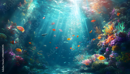 A dreamy underwater scene with schools of colorful fish, corals, and rays of sunlight penetrating through the water’s surface