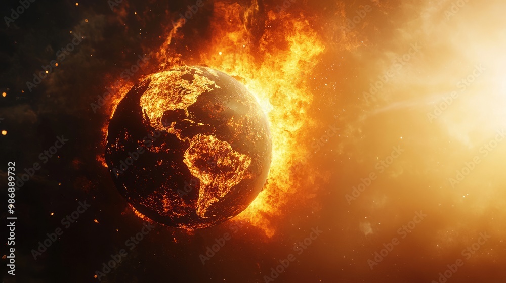 Global Warming Concept: 3D Visualization of Fiery Earth Globe Illustrating Impact of Extreme Heat