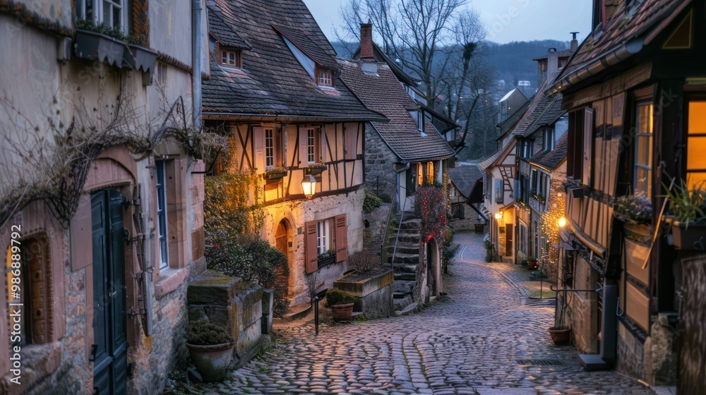 Fototapeta premium A quaint village with cobblestone streets and charming houses, with warm lights beginning to glow in windows as dusk sets in.