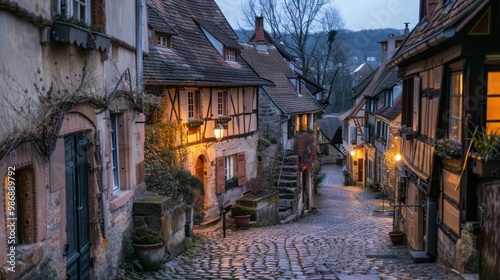 Fototapeta Naklejka Na Ścianę i Meble -  A quaint village with cobblestone streets and charming houses, with warm lights beginning to glow in windows as dusk sets in.