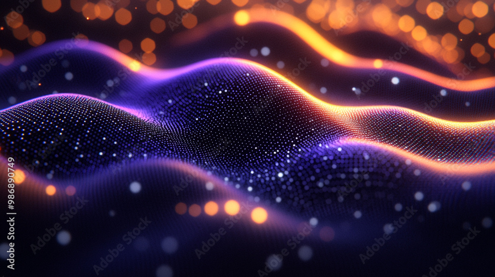 A vibrant abstract depiction of flowing waves illuminated by glowing particles, creating a mesmerizing and dynamic visual experience.