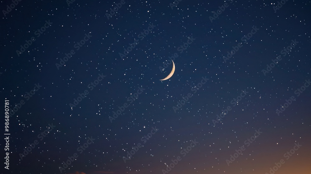 A serene night sky with a bright crescent moon and twinkling stars, ideal for celestial themes. A serene night sky with a bright crescent moon and twinkling stars, ideal for celestial themes.