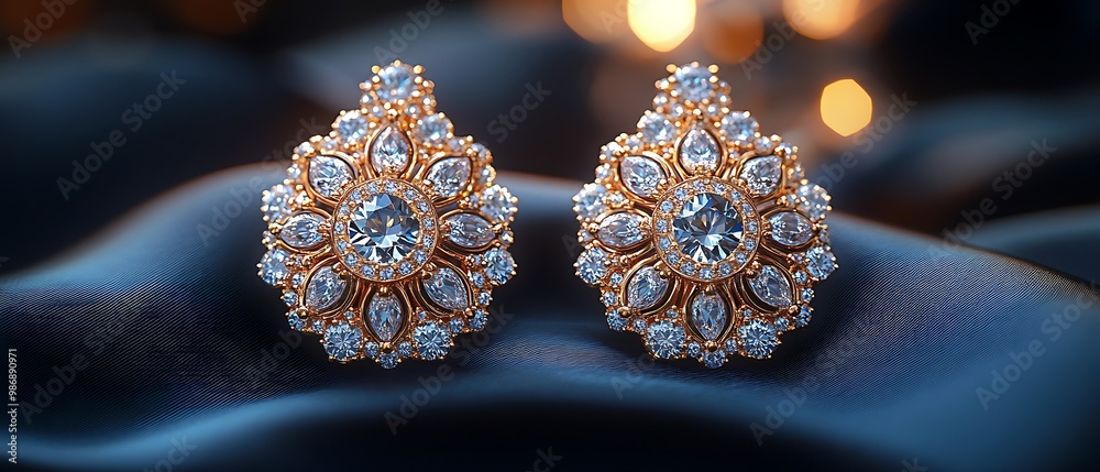 Pair of gold and diamond earrings on blue satin. Pair of gold and diamond earrings on blue satin.