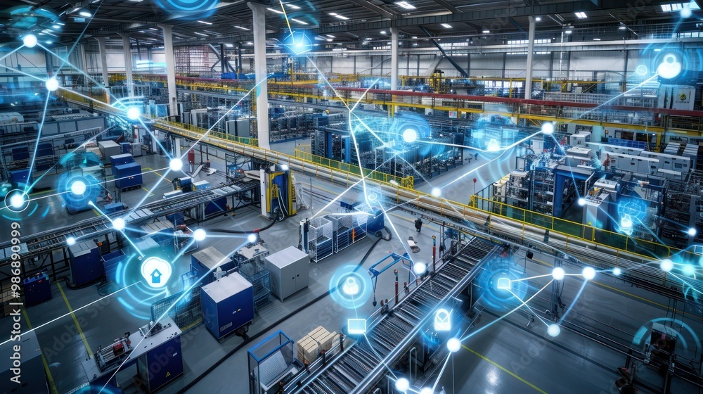 A smart factory with interconnected machines and sensors, optimizing production through real-time data analysis. A smart factory with interconnected machines and sensors, optimizing production through real-time data analysis.
