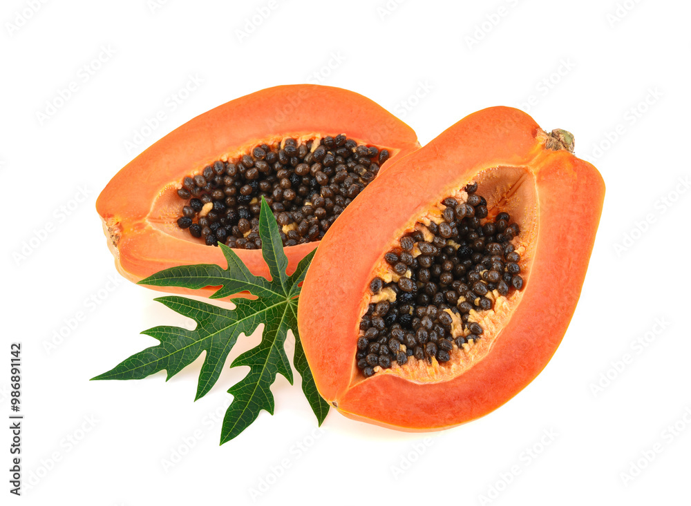 Papaya fruit with seeds isolated on white background