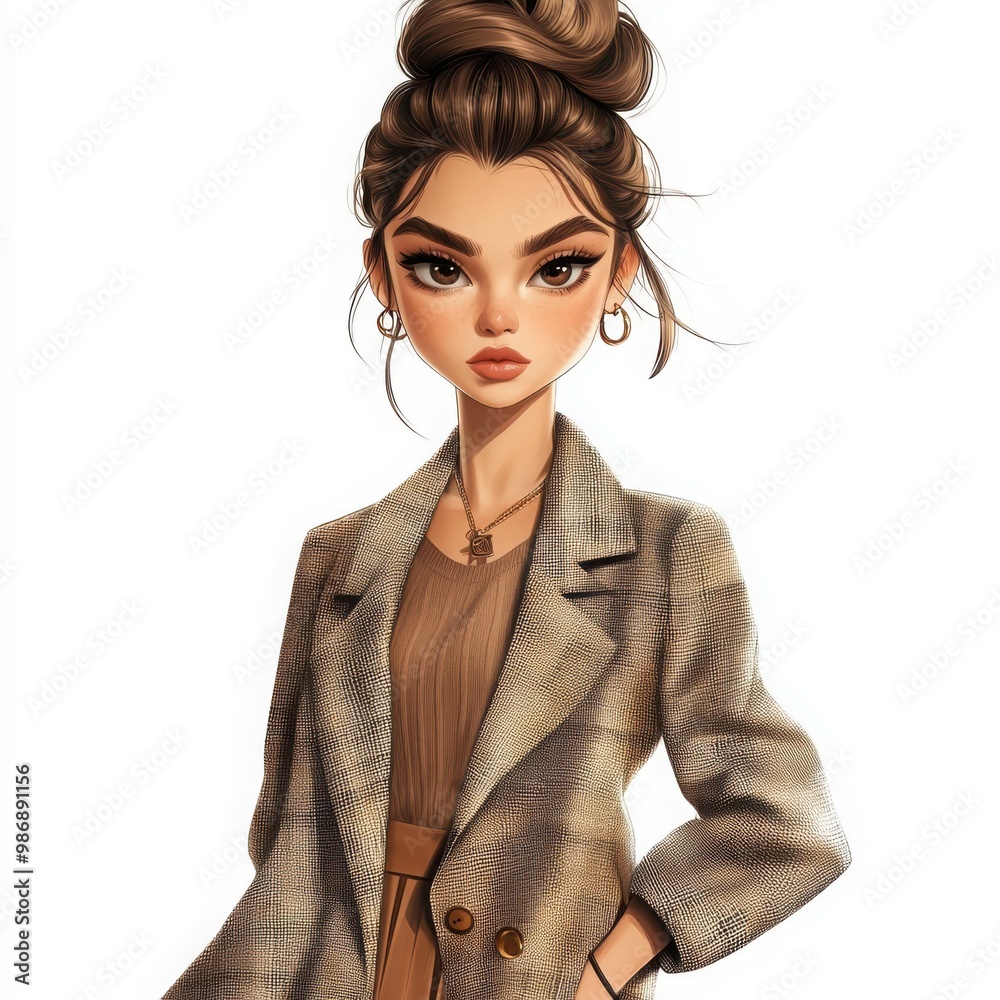 A hyper-realistic illustration of a young woman. She's dressed in an oversized blazer, a fitted midi skirt, and heeled boots, accessorized with minimalist jewelry. A hyper-realistic illustration of a young woman. She's dressed in an oversized blazer, a fitted midi skirt, and heeled boots, accessorized with minimalist jewelry.