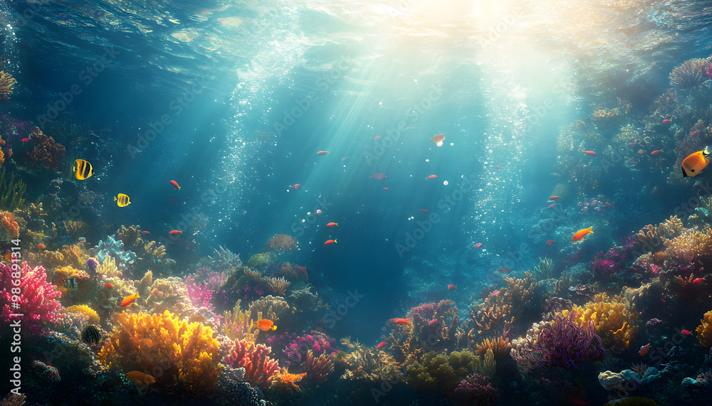 Fototapeta premium A dreamy underwater scene with schools of colorful fish, corals, and rays of sunlight penetrating through the water’s surface