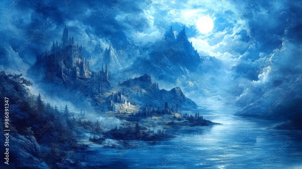 Fototapeta premium Blue surrealism with dreamlike landscapes, ethereal and otherworldly,