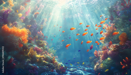 A dreamy underwater scene with schools of colorful fish, corals, and rays of sunlight penetrating through the water’s surface