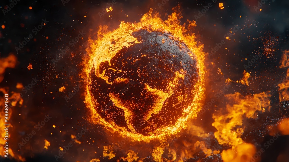 Global Crisis Ignited Urgency of Climate Action 3D Render Showing Planet Being Boiled by Flames Global Crisis Ignited Urgency of Climate Action 3D Render Showing Planet Being Boiled by Flames