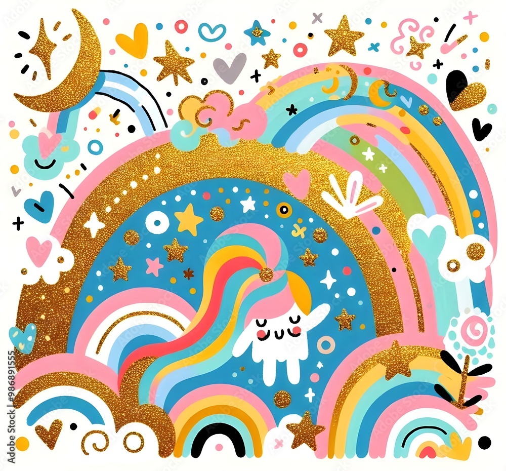 Obraz premium Cielos Mágiestrellas, arcoíris, luna, sol, nubes, cometas, brillo, dorado, glitter, cielo, fantasía, resplandor, sueños, universo, colorido, magia, arte, ilustración, ensueño,cos y Arcoíris Brillantes
