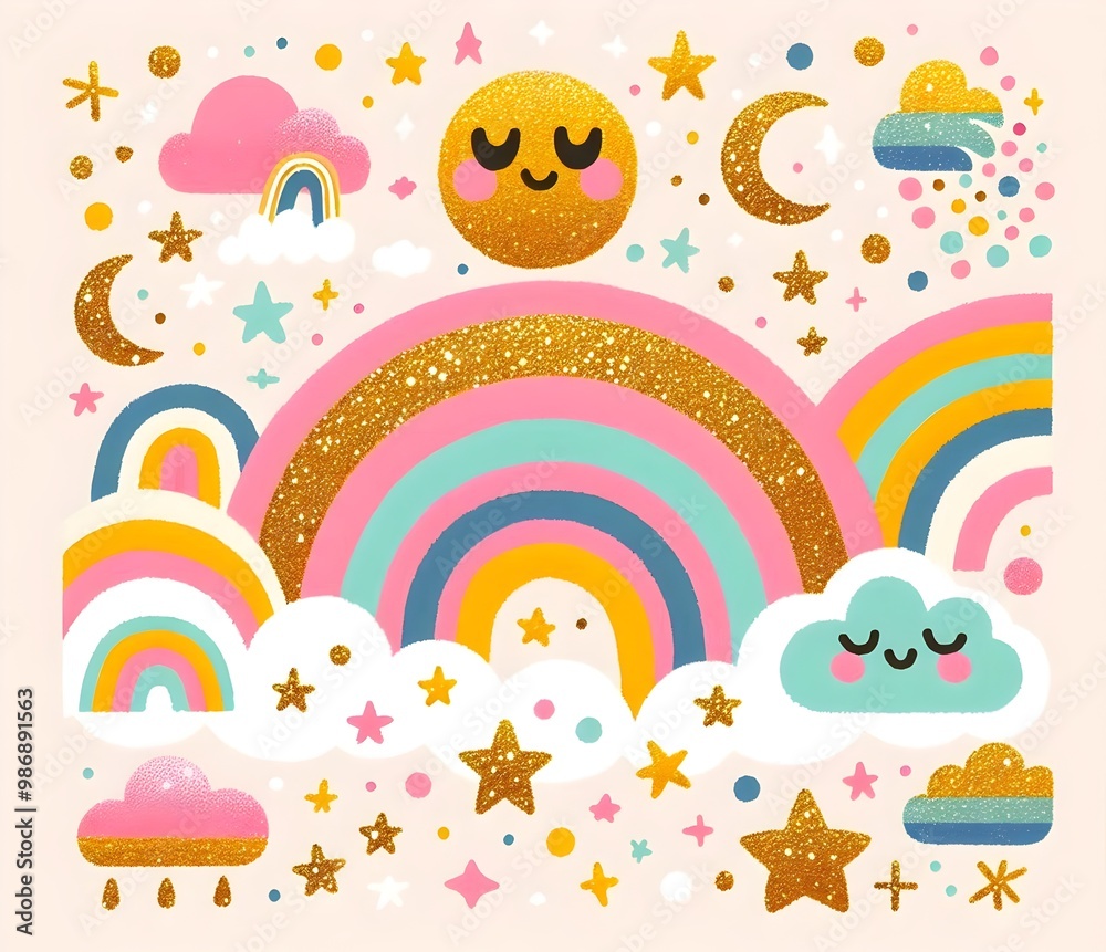 Naklejka premium Cielos Mágiestrellas, arcoíris, luna, sol, nubes, cometas, brillo, dorado, glitter, cielo, fantasía, resplandor, sueños, universo, colorido, magia, arte, ilustración, ensueño,cos y Arcoíris Brillantes