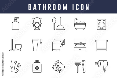 Clean Line Bathroom Icons Set for Household and Cleaning Essentials. Editable Stroke