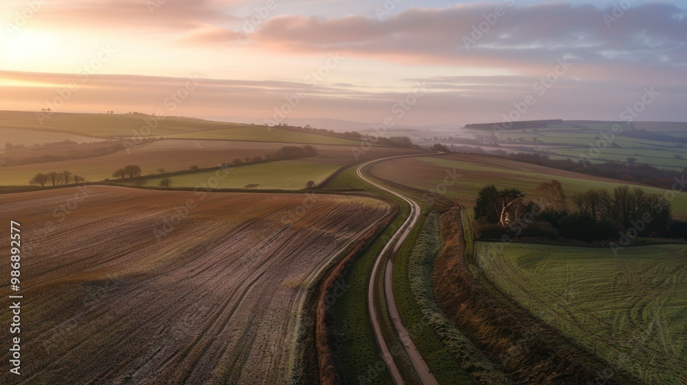 A winding country road stretching into the distance, with fields on either side and the sky painted with the warm hues of dusk. A winding country road stretching into the distance, with fields on either side and the sky painted with the warm hues of dusk.