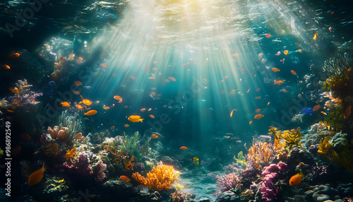 A dreamy underwater scene with schools of colorful fish, corals, and rays of sunlight penetrating through the water’s surface